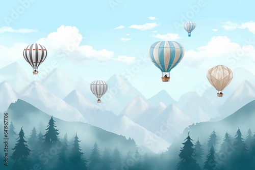 Illustration of flying planes and balloons with a blue background. Slightly misty forest and high mountains. Kids wallpaper style, Generative AI