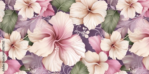 Hibiscus floral background  seamless pattern  luxury wallpaper. Tropical green leaves  delicate romantic flowers  pink  beige  purple  white gypsophila. Watercolor 3d illustration  Generative AI