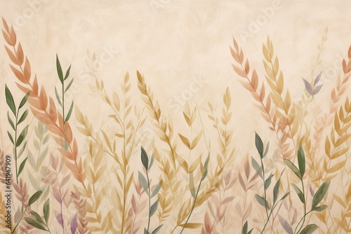 Photo wallpapers for walls. Beautiful leaves on a beige background. A mural for a room. Painted grass, Generative AI