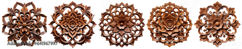 Set of Pattern of flower carved on wood. Ornament Wood carving woodworking. Isolated on transparent background