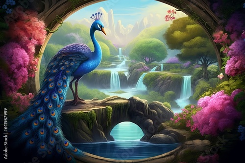 Photo of 3d view abstraction wallpaper. Beautiful nature lovely place with flowers, tree park, peacock, and a waterfall in the round shape background, Generative AI
