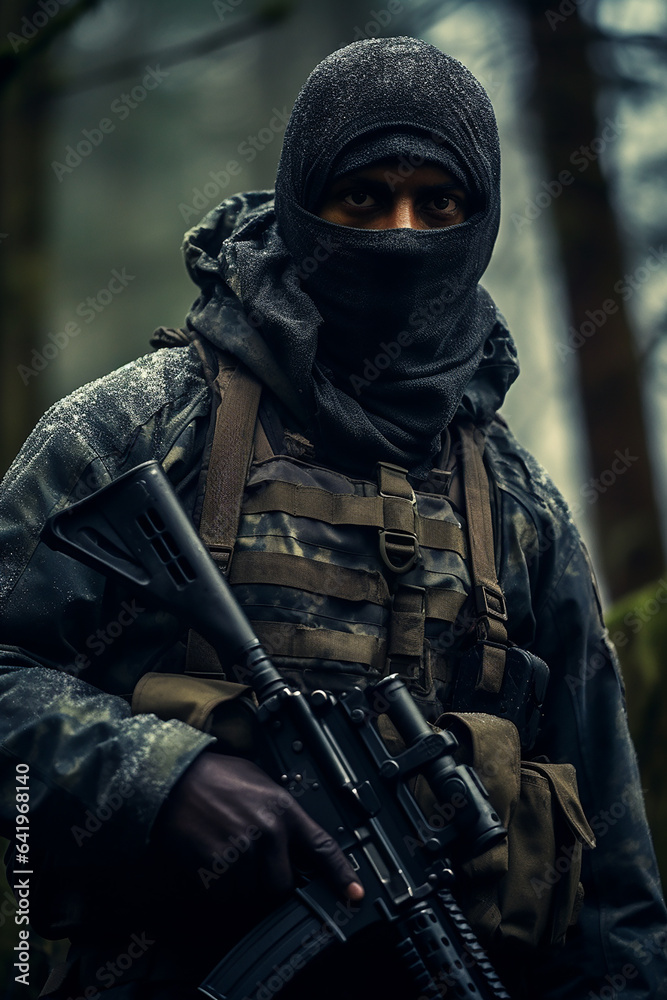 Closeup shot of elite sniper in forest Closeup shot of elite sniper in forest