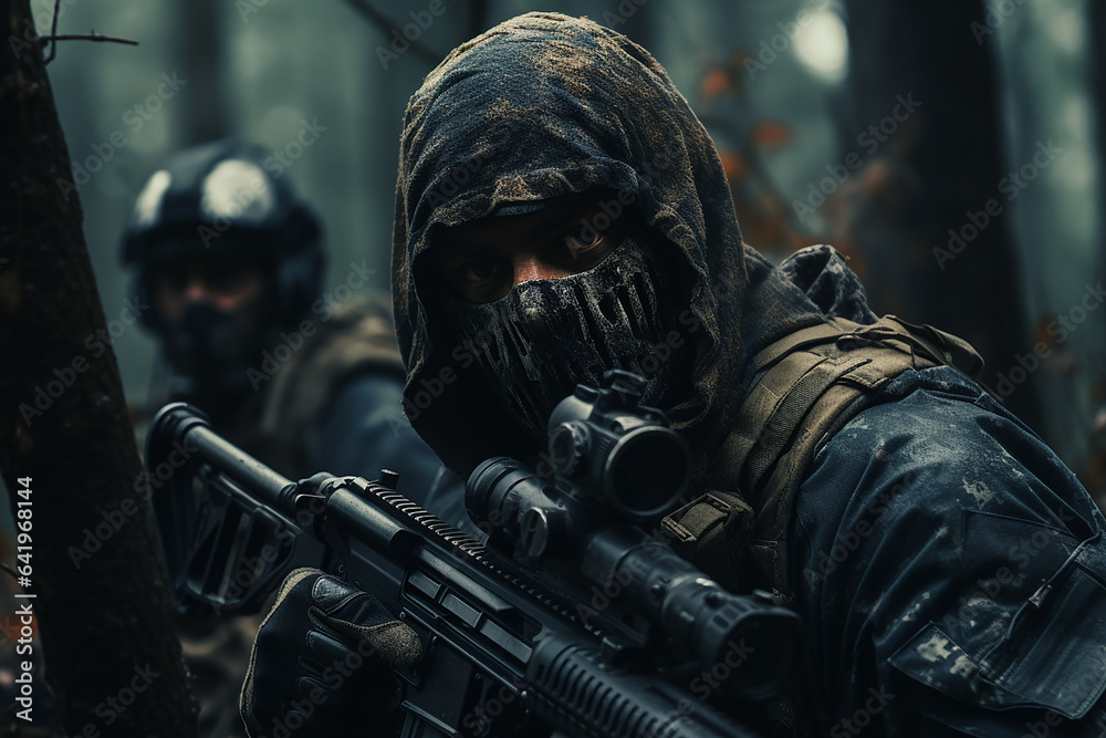 Closeup shot of elite sniper in forest Closeup shot of elite sniper in forest