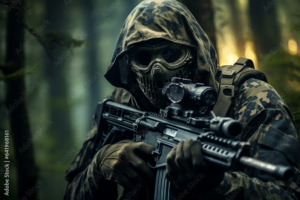 Closeup shot of elite sniper in forest 