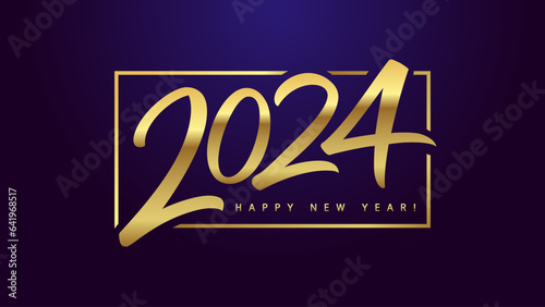 A Happy New Year 2024 horizontal golden icon. Decorative concept. Greeting card design. Creative number logo with shiny gold gragient. Luxury design. Background and text concept. Holiday eve emblem.