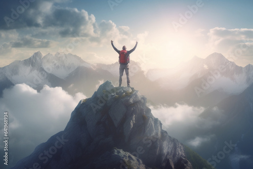 Hiker with backpack standing on top of a mountain and enjoying the view