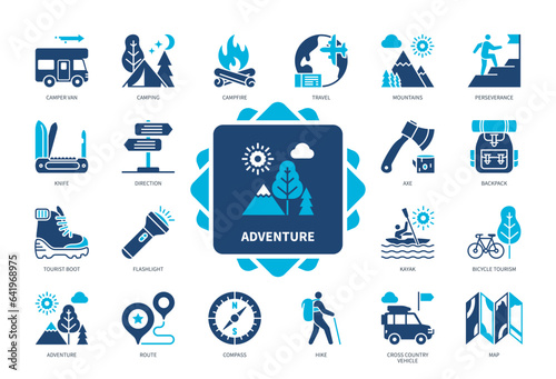 Adventure icon set. Campfire, Adventure, Camper Van, Backpack, Tourism, Camping, Hike, Kayak. Duotone color solid icons