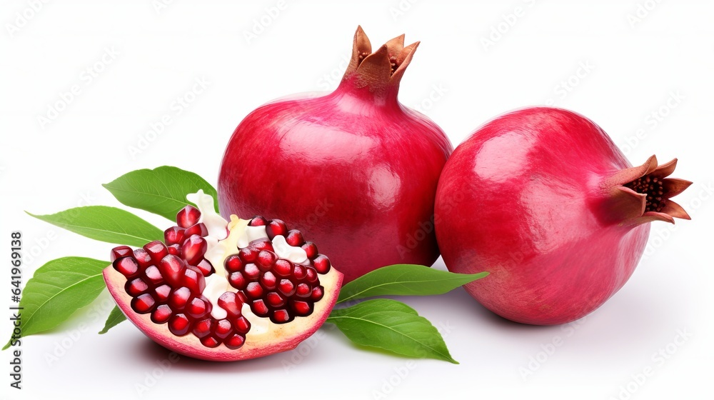 Isolated on a white background, a fresh, ripe pomegranate has green leaves. Isolated on a white background, a fresh, ripe pomegranate has green leaves.