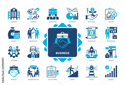 Business icon set. Investment, Budget, Business Meeting, Analysis, Economics, Vision, Goal Settings, Success, Planning. Duotone color solid icons