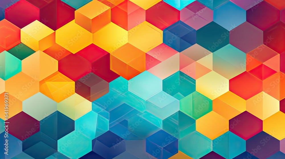 Geometric background design with a hexagonal pattern composed of bright colors and vector shapes. Geometric background design with a hexagonal pattern composed of bright colors and vector shapes.