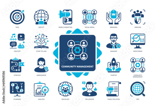 Community Management icon set. Social Media, Influencer, Public Relations, SEO, Monitoring, Branding, Strategy, Startup. Duotone color solid icons