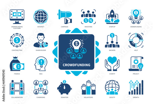 Crowdfunding icon set. Charity, Volunteers, Internet, Project, Investors, Startup, Growth, Fundrising. Duotone color solid icons