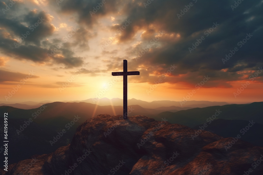 Cross on the top of the mountain at sunset. 3d render Cross on the top of the mountain at sunset. 3d render