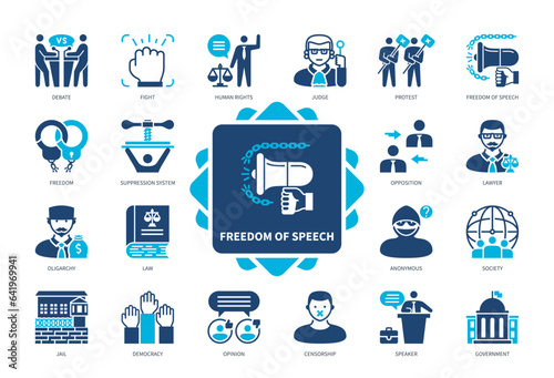 Freedom of speech icon set. Protest, Anonymous, Freedom, Human Rights, Censorship, Opinion, Democracy, Government. Duotone color solid icons