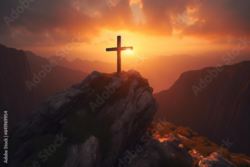 Cross on the top of the mountain at sunset. 3d render