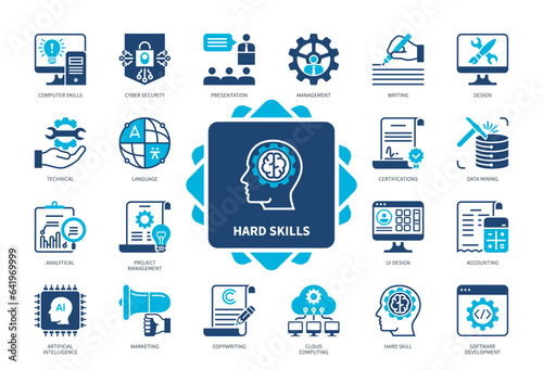 Hard Skills icon set. Data Mining, Technical, Artificial Intelligence, Cyber Security, Copywriting, Design, Project Management. Duotone color solid icons