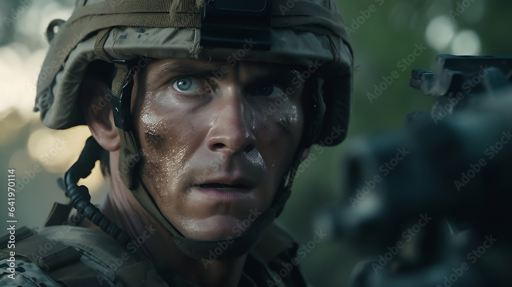 A cinematic closeup portrait of a soldier with a helmet. Serious and confident facial expression and sweat on the face.