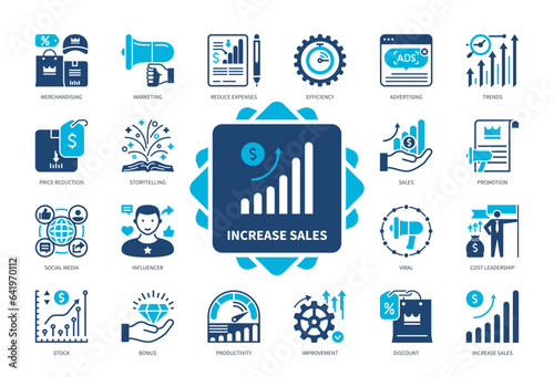 Increase Sales icon set. Productivity, Price Reduction, Efficiency, Trends, Cost Leadership, Improvement, Social Media, Advertising. Duotone color solid icons