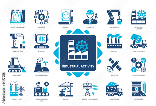 Industrial Activity icon set. Automation, Process, Hydropower Plant, Robotics, Design, Infrastructure, Satellite, Resources. Duotone color solid icons