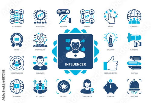 Influencer icon set. Followers, Recommendation, Ambassador, Feedback, Rating, Reputation, Community, Streaming. Duotone color solid icons