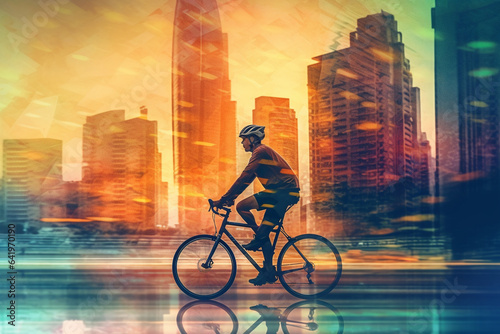 Cyclist in city with double exposure © Creative