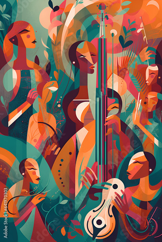 People play musical instruments, colorful abstraction