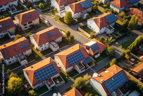 Aerial view of solar panels installed on the roofs of houses.