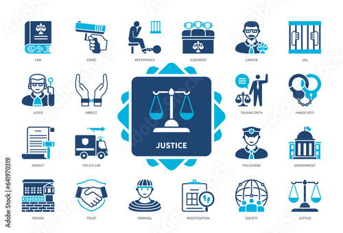 Justice icon set. Lawyer, Verdict, Arrest, Judge, Prison, Investigation, Justice, Repentance. Duotone color solid icons