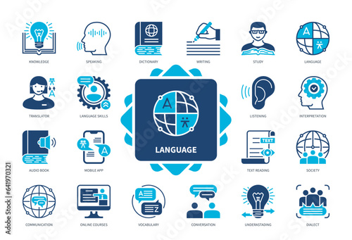 Language icon set. Dictionary, Communication, Knowledge, Vocabulary, Translator, Text Reading, Writing, Online Courses. Duotone color solid icons