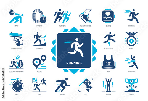 Running icon set. Sprint, Stadium, Overcoming, Route, Trophy, Winner, Cardio, Starting Pistol. Duotone color solid icons