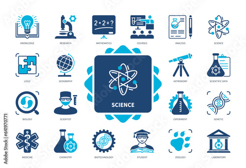 Science icon set. Laboratory, Scientist, Telescope, Mathematics, Experiment, Knowledge, Student, Courses. Duotone color solid icons