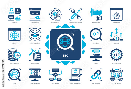 SEO icon set. Optimization, Target Audience, Schedule, Pay per Click, Optimization, Social media, Keywords, Monitoring, Website. Duotone color solid icons