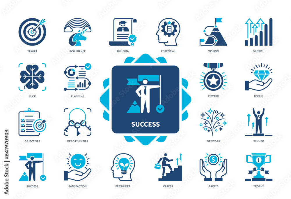 Success icon set. Winner, Potential, Reward, Planning, Target, Luck, Opportunities, Profit, Career, Growth. Duotone color solid icons