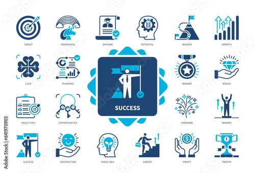 Success icon set. Winner, Potential, Reward, Planning, Target, Luck, Opportunities, Profit, Career, Growth. Duotone color solid icons