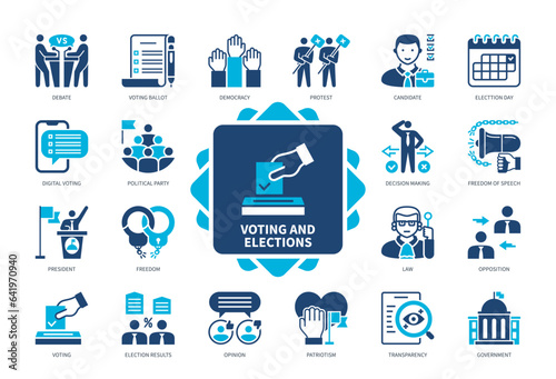 Voting icon set. Candidate, Debate, Law, Democracy, Election, Political Party, Voting Ballot, Protest. Duotone color solid icons