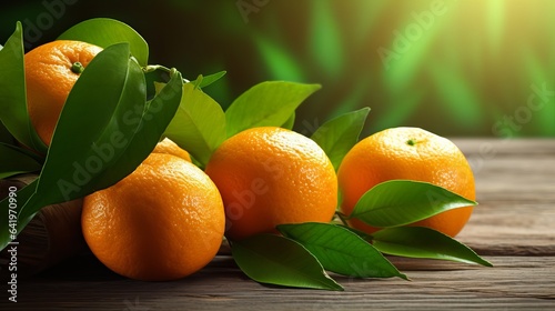 Green leaves and orange fruit grow on the wood. domestic gardening. a mandarin orange. oranges that have a tangy color. the hue orange. pure orange juice photo