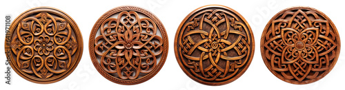 Set of Round Celtic wooden mandala. Ornament Wood carving woodworking. Isolated on transparent background