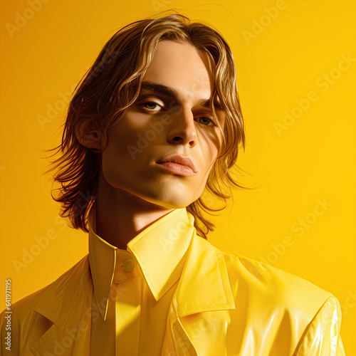 Portrait of an androgynous blonde person on a yellow background