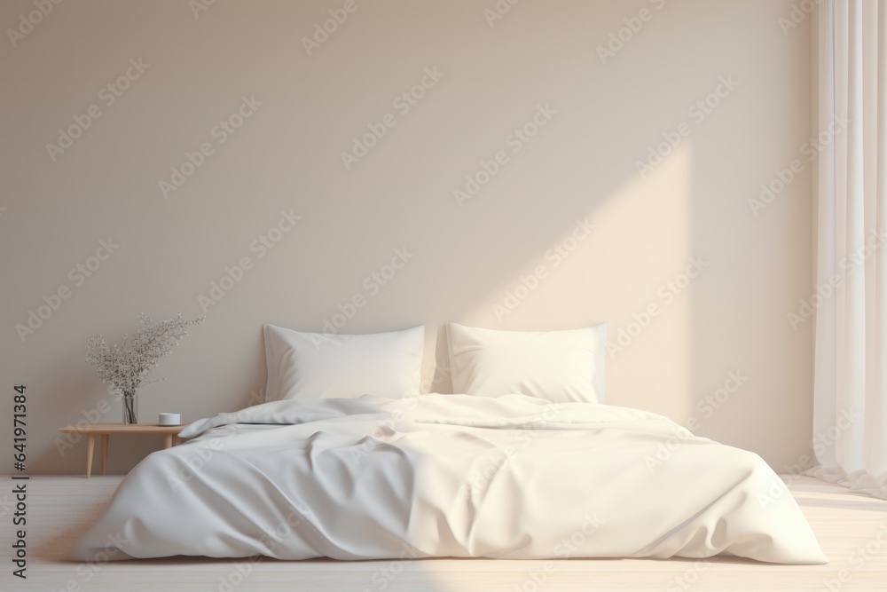 Bedroom, white and cream tones, minimal. Inside a bedroom in a house that is bright, cute and warm with a bed and pillows.