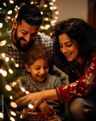  Intimate Arab Family Decorating Elaborate Christmas Tree.   Generative AI