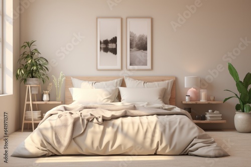 Bedroom, white and cream tones, minimal. Inside a bedroom in a house that is bright, cute and warm with a bed and pillows. © amnaj