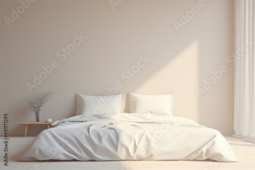 Bedroom, white and cream tones, minimal. Inside a bedroom in a house that is bright, cute and warm with a bed and pillows.