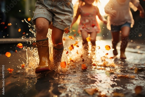 Happy, many children wore rain boots jump and play in the puddles when it's raining around.