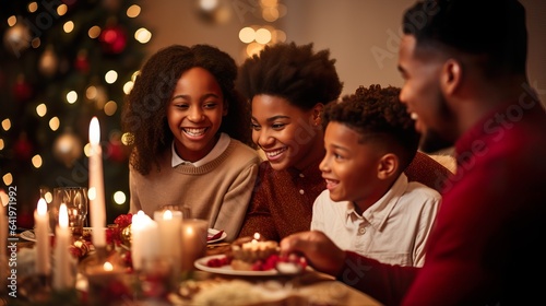 Modern African American Family Celebrating Christmas Around Festive Table. Generative AI
