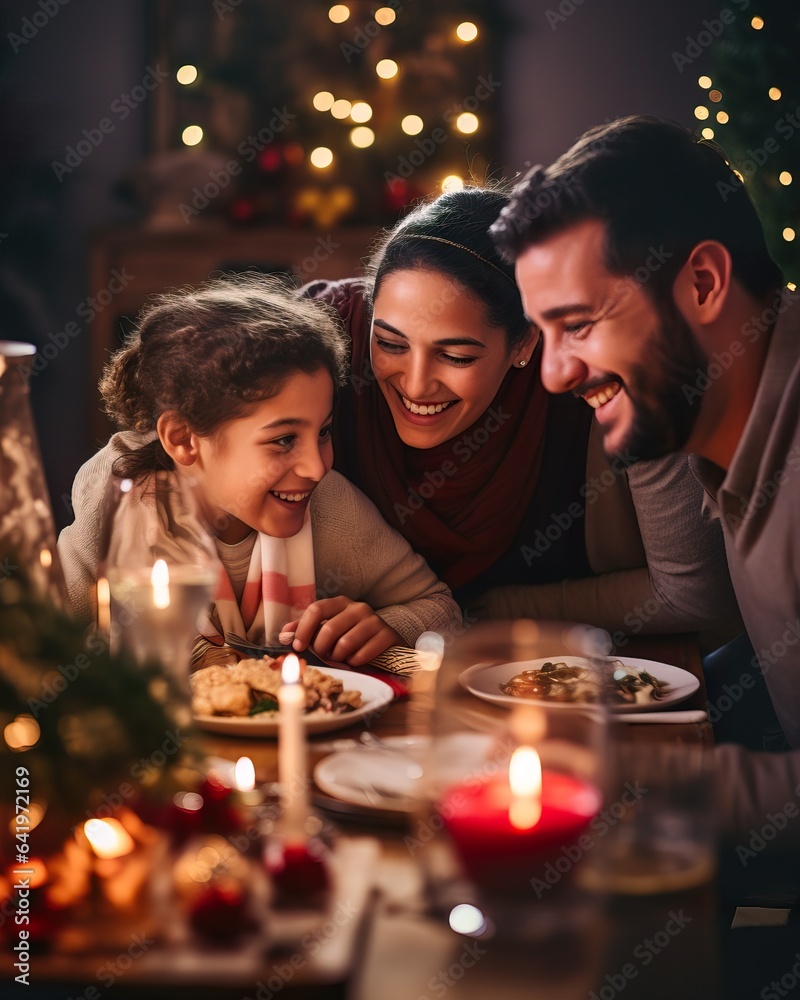 Modern Arab Family Celebrating Christmas with Festive Table. Generative AI Modern Arab Family Celebrating Christmas with Festive Table. Generative AI