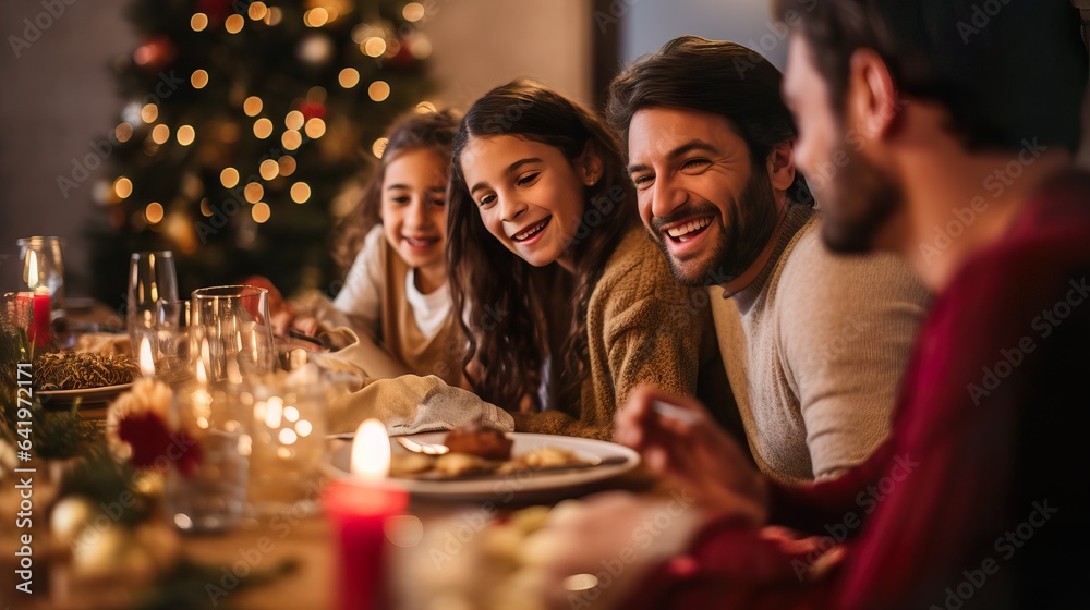 Modern Arab Family Celebrating Christmas with Festive Table. Generative AI