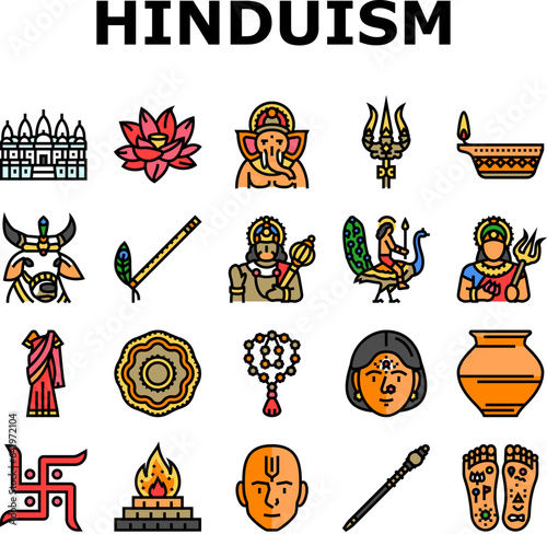 hinduism india hindu god religion icons set vector. indian lord statue, om ganesha, vishnu ganesh, krishna idol, religious hinduism india hindu god religion color line illustrations
