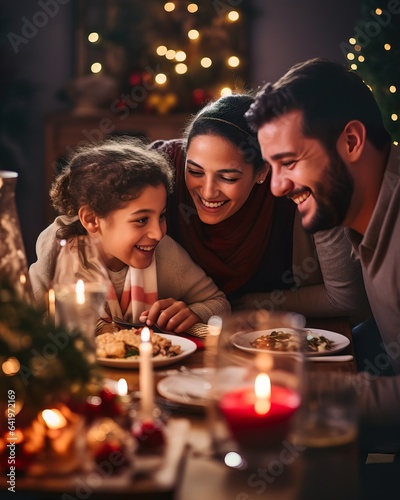 Modern Arab Family Celebrating Christmas with Festive Table. Generative AI
