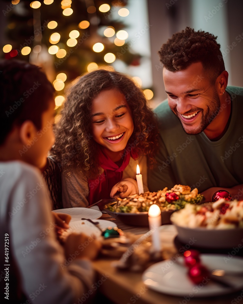 Multi Racial Family Celebrating Christmas Around Festive Table. Generative AI Multi Racial Family Celebrating Christmas Around Festive Table. Generative AI