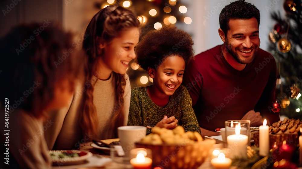 Multi Racial Family Celebrating Christmas Around Festive Table. Generative AI